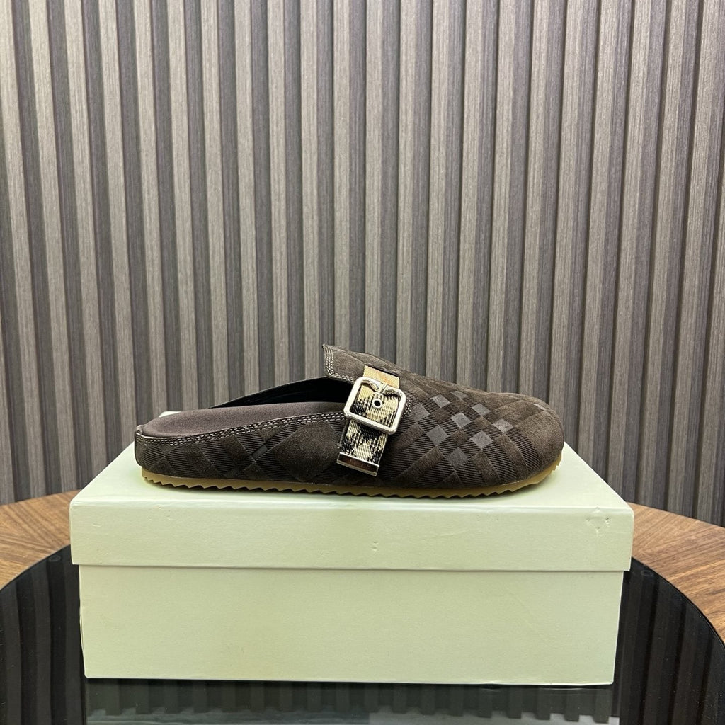Burberry Men's Dark Brown Check Buckle Mule Slippers